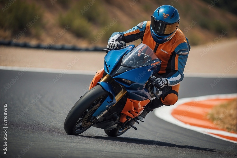 Male racer in sportswear and helmet, riding on the seat of a track motorcycle.