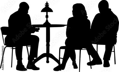 Vektor Silhouette - drei Personen sitzen gemeinsam um einen Tisch - Gespräch