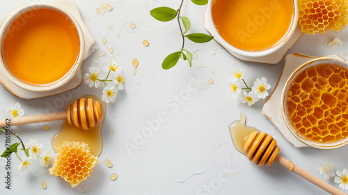 Wallpaper Mural Natural organic raw honey, honeycomb, and a honey dipper with flowers scattered around on a pastel background. Cosmetic top view banner or cooking ingredient featuring floral honey, with copy space. Torontodigital.ca