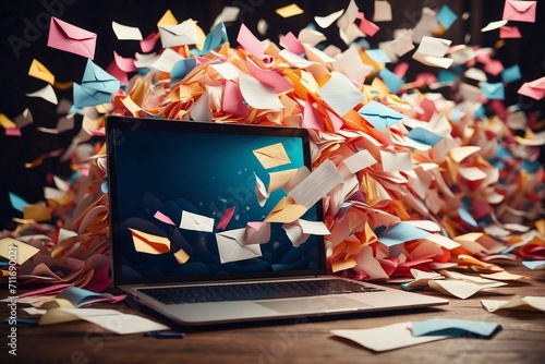 A huge number of paper multi-colored envelopes fly into the laptop monitor