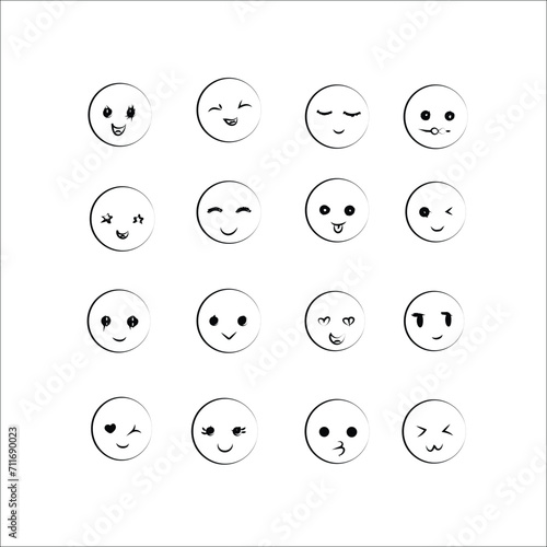 Doodle Emoji face set. Hand drawn sketch style. Emoji with different emotion mood, happy,  smile face. 