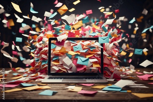 A huge number of paper multi-colored envelopes fly into the laptop monitor photo