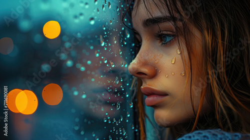 Rainy Day Blues: Capturing the Beauty of a Young Girl's Sadness as She Gazes Out of the Window with Raindrops on the Glass