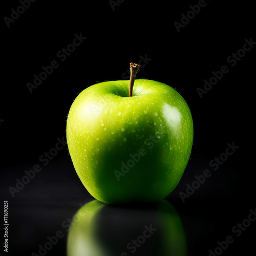 a green ripe apple on a black background, juicy fruit. artificial intelligence generator, AI, neural network image. background for the design.