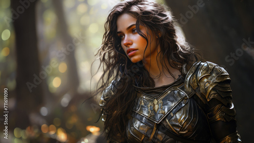 Armored young woman with a contemplative gaze stands in a forest with golden light filtering through leaves