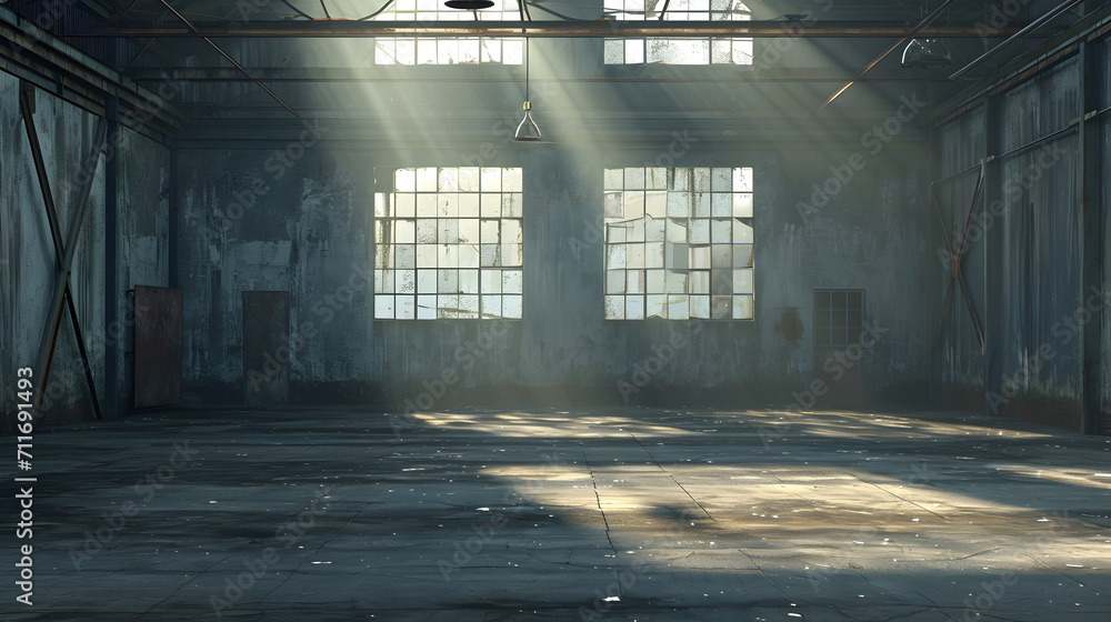 A photo of an empty warehouse with dramatic lighting, evoking a desolate and eerie atmosphere, suitable for urban exploration or industrial design projects.