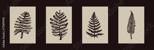 Handmade linocut fern motif clipart in folkart scandi style. Set of simple monochrome block print leaf shapes with woodcut paper texture effect collection. 