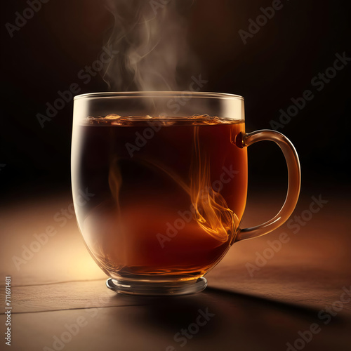 a glass mug with hot tea, warming a delicious drink on a brown background. artificial intelligence generator, AI, neural network image. background for the design.