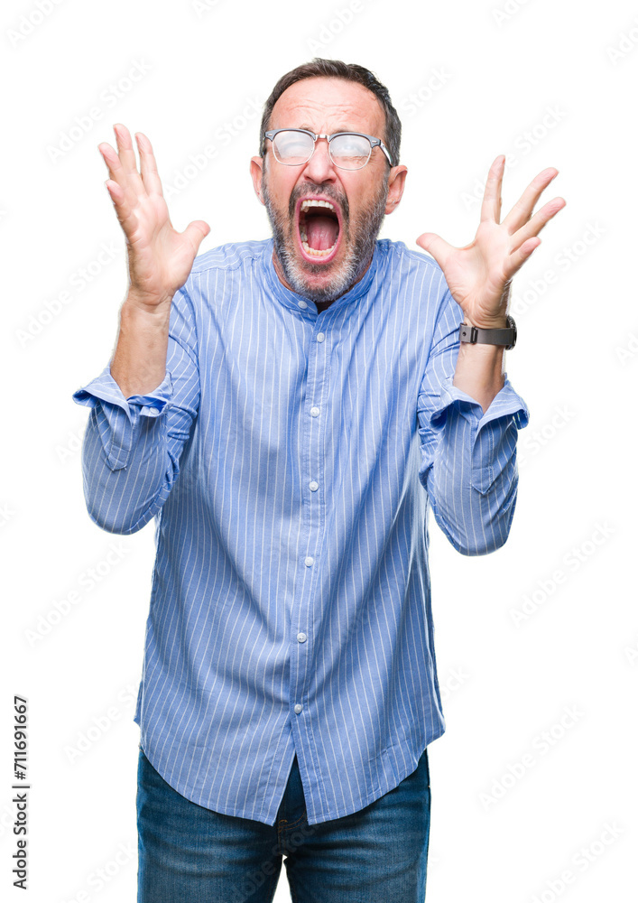 Middle age hoary senior man wearing glasses over isolated background crazy and mad shouting and yelling with aggressive expression and arms raised. Frustration concept. Middle age hoary senior man wearing glasses over isolated background crazy and mad shouting and yelling with aggressive expression and arms raised. Frustration concept.