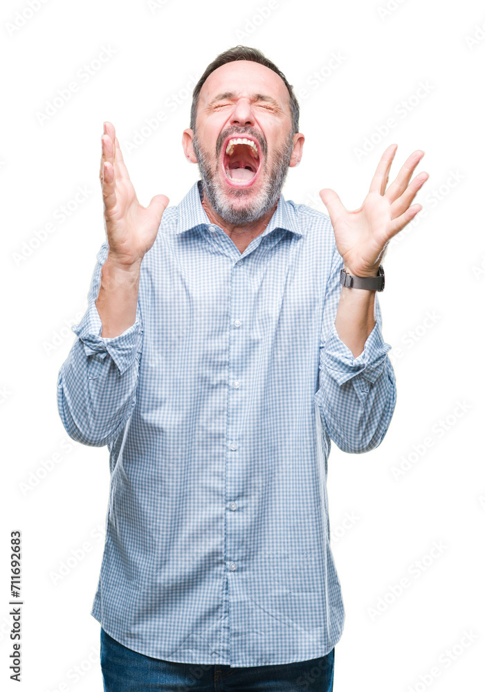 Middle age hoary senior business man over isolated background celebrating mad and crazy for success with arms raised and closed eyes screaming excited. Winner concept Middle age hoary senior business man over isolated background celebrating mad and crazy for success with arms raised and closed eyes screaming excited. Winner concept