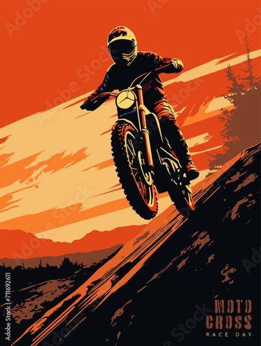 Motocross rider on the track at sunset. Vector illustration.