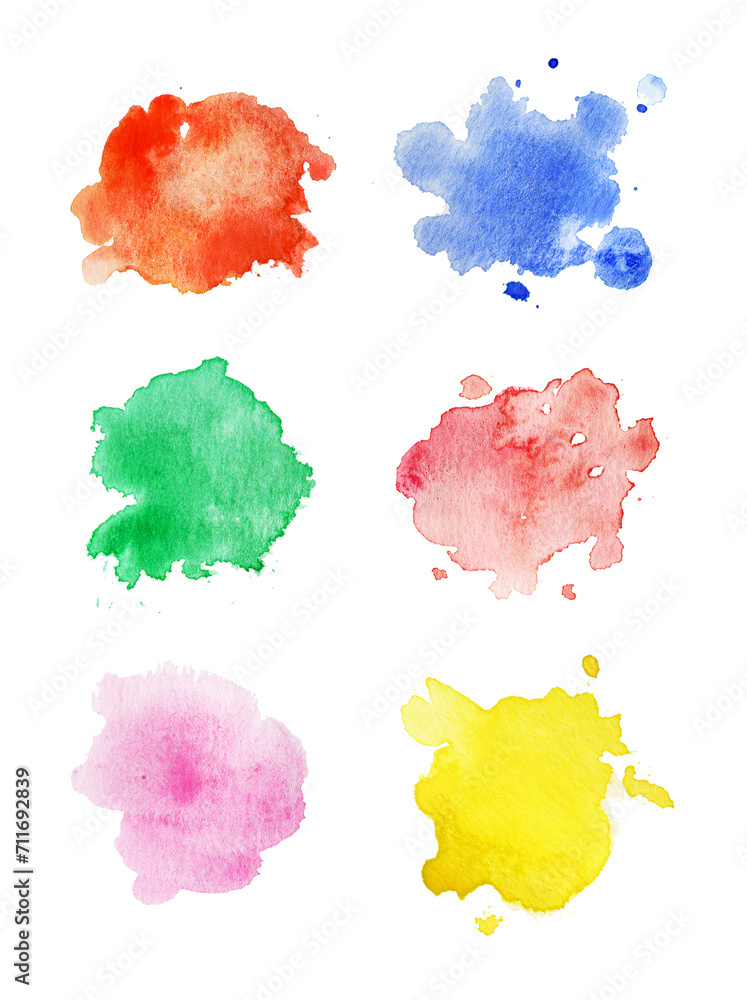 Hand painted watercolor colorful stains and drops set on transparent background.