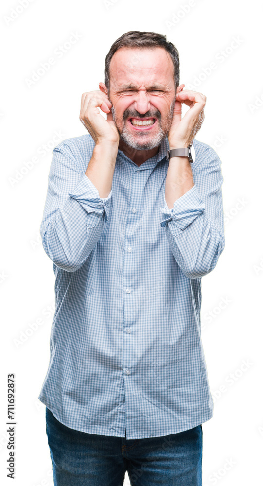 Middle age hoary senior business man over isolated background covering ears with fingers with annoyed expression for the noise of loud music. Deaf concept. Middle age hoary senior business man over isolated background covering ears with fingers with annoyed expression for the noise of loud music. Deaf concept.