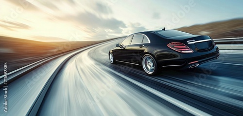 Rear view of red Business car on high speed in turn. black car rushing along a high-speed background blur effect