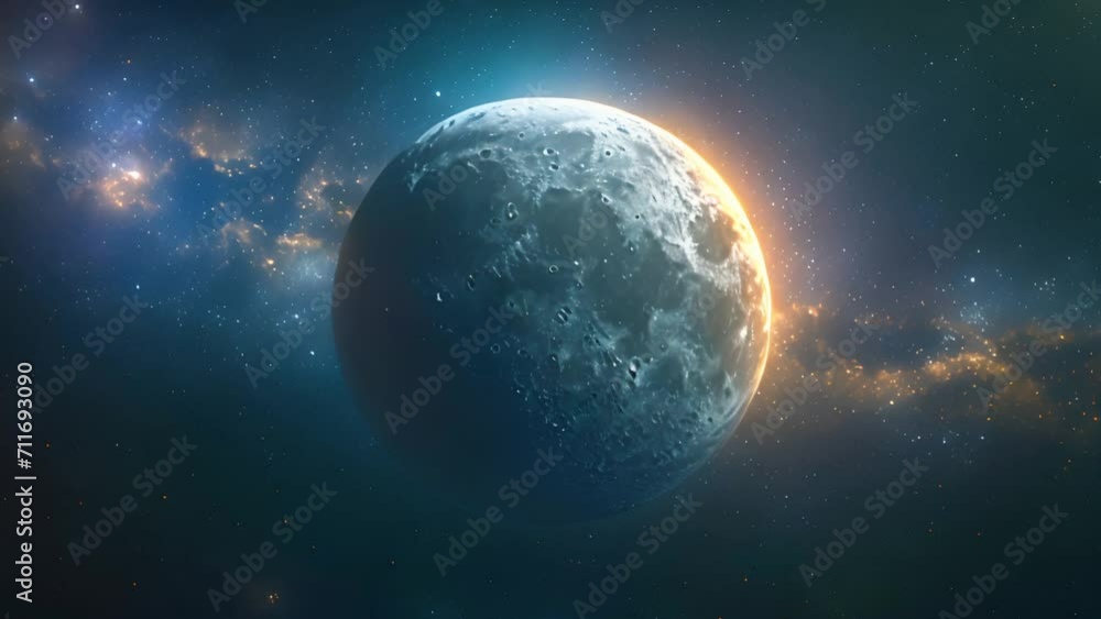 Universe with sparkling galaxy moving. Beautiful rotating Moon. Footage of the flight to the Moon with a copy space and a great transition to black. 3D animation video in 4K. Colorful galaxy beauty Universe with sparkling galaxy moving. Beautiful rotating Moon. Footage of the flight to the Moon with a copy space and a great transition to black. 3D animation video in 4K. Colorful galaxy beauty
