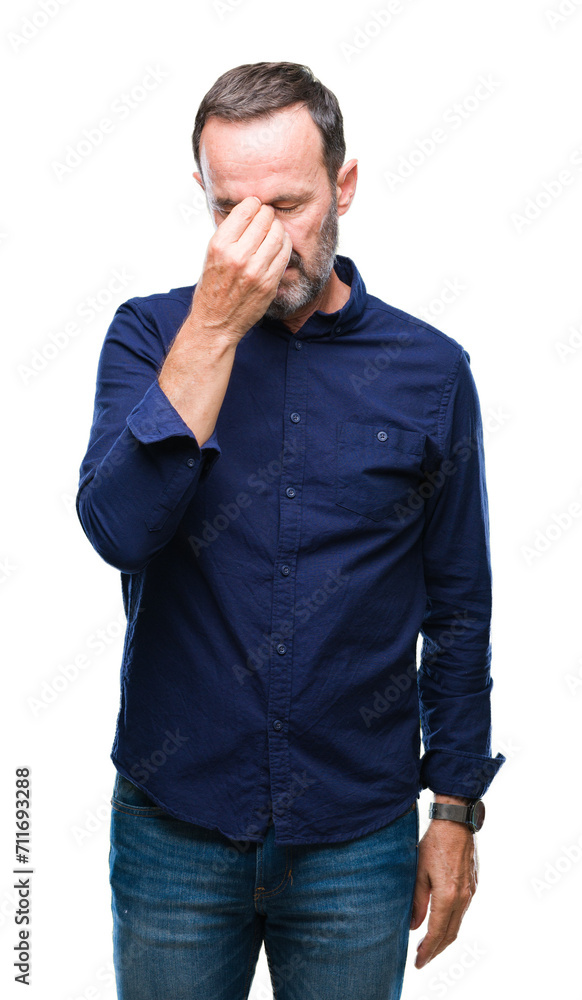 Middle age hoary senior man over isolated background tired rubbing nose and eyes feeling fatigue and headache. Stress and frustration concept. Middle age hoary senior man over isolated background tired rubbing nose and eyes feeling fatigue and headache. Stress and frustration concept.