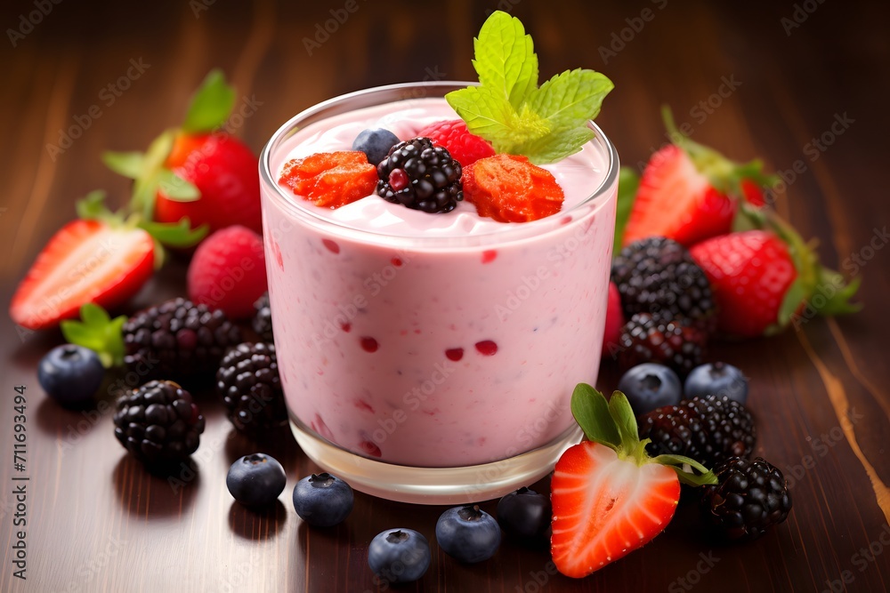 Fruit yogurt smoothie with fresh berries in a glass Fruit yogurt smoothie with fresh berries in a glass