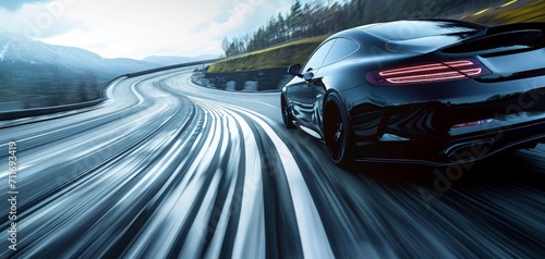 Rear view of black Business car on high speed in turn. black car rushing along a high-speed background blur effect photo