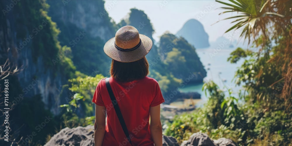Young woman traveler with hat looking at beautiful view of Halong bay, Vietnam