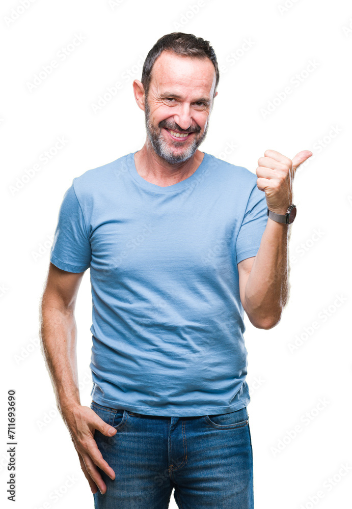Middle age hoary senior man over isolated background smiling with happy face looking and pointing to the side with thumb up. Middle age hoary senior man over isolated background smiling with happy face looking and pointing to the side with thumb up.