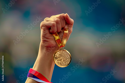 hand of a woman raising an Olympic gold medal in victory