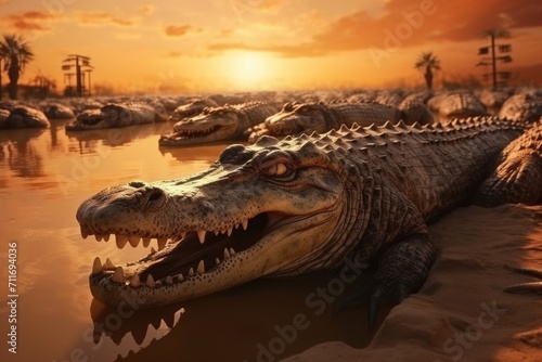 Crocodile Park: Resting Crocodiles in Dubais Sunset Light