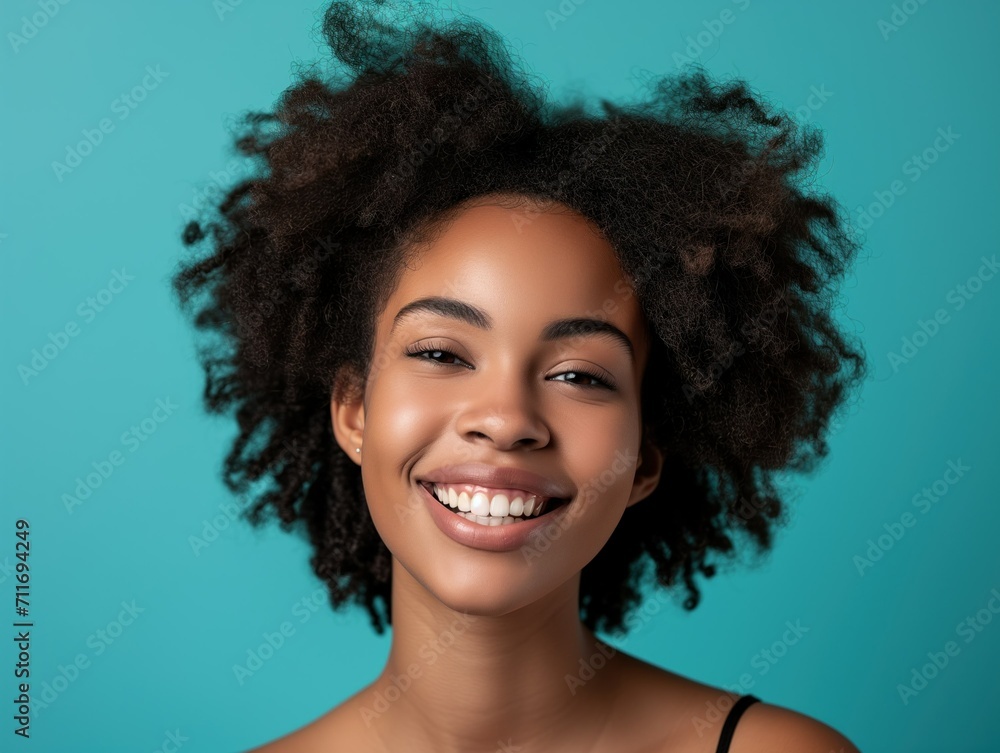 Joyful Young Woman with Curly Afro on Teal Background. Generative AI. Joyful Young Woman with Curly Afro on Teal Background. Generative AI.