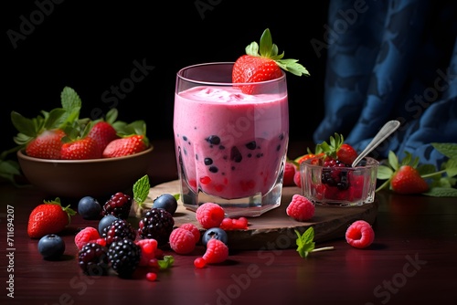 Yogurt with fresh berries in a glass on dark background