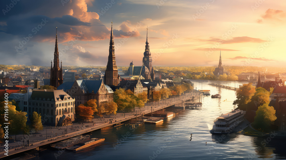 3d illustration of Hamburg City at sunset. Germany..