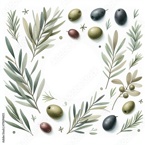  Vibrant Watercolor Illustrations  Plants  Fruits  Cosmetics  and Ingredients  Featuring Olives and Olive Oil  on a White Background