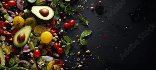 Assorted green salad with vegetables and seeds on black stoneTop view with space for text.