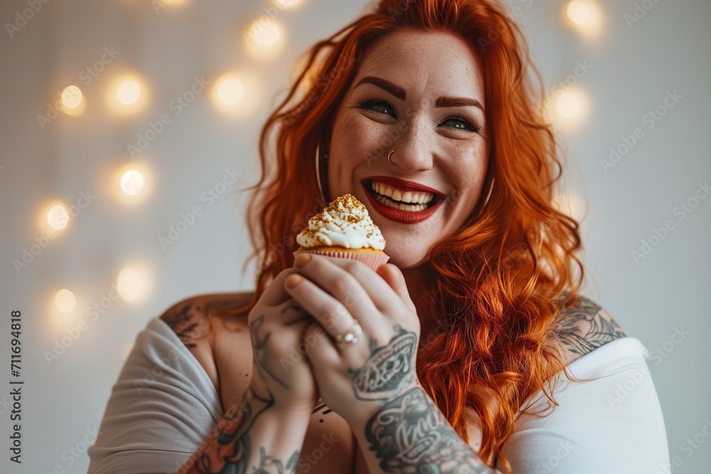 A Woman chubby bodybuilder with massive arms, smiling with a cupcake.