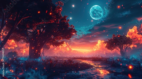 Illustration Fantasy landscape with trees river and full moon, ai generative