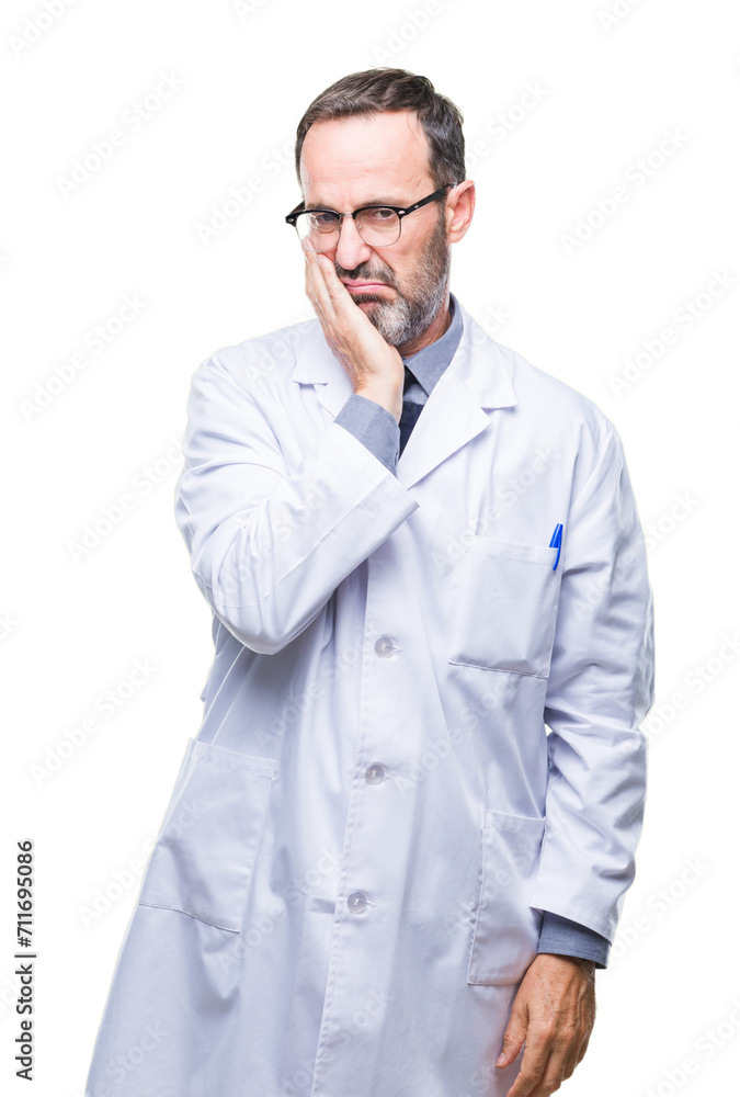 Middle age senior hoary professional man wearing white coat over isolated background thinking looking tired and bored with depression problems with crossed arms. Middle age senior hoary professional man wearing white coat over isolated background thinking looking tired and bored with depression problems with crossed arms.