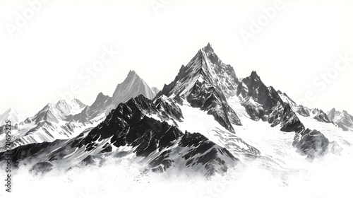 Black and white hand drawn pencil sketch of a mountain landscape with rocky peaks in a graphic style on a white background, silhouette concept. photo
