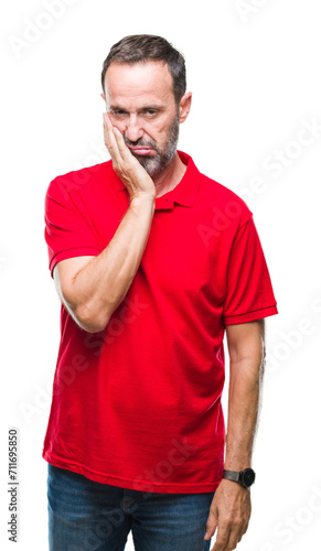Middle age hoary senior man over isolated background thinking looking tired and bored with depression problems with crossed arms.