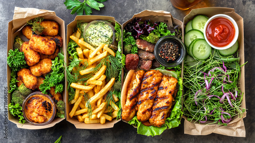 various takeout food boxes with fish sticks, fries, sausages, grilled chicken, a green salad, cucumber, and dipping sauces on a dark surface