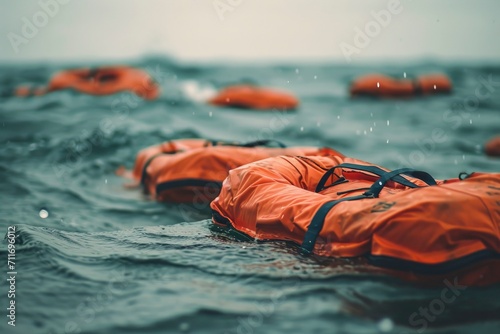 Orange life jacket floating in sea. Emergency rescue equipment. The disaster of the ship sinking and life jackets floating unused photo