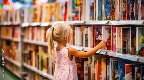 Little Caucasian girl in front of bookshelves in a library.