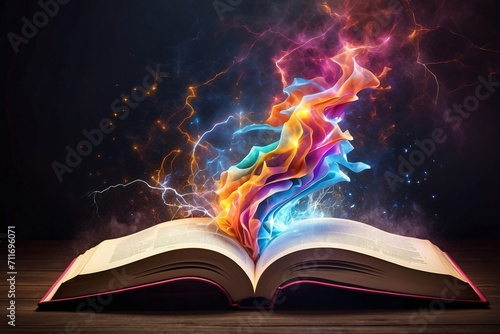 the book emits colorful smoke on a dark background