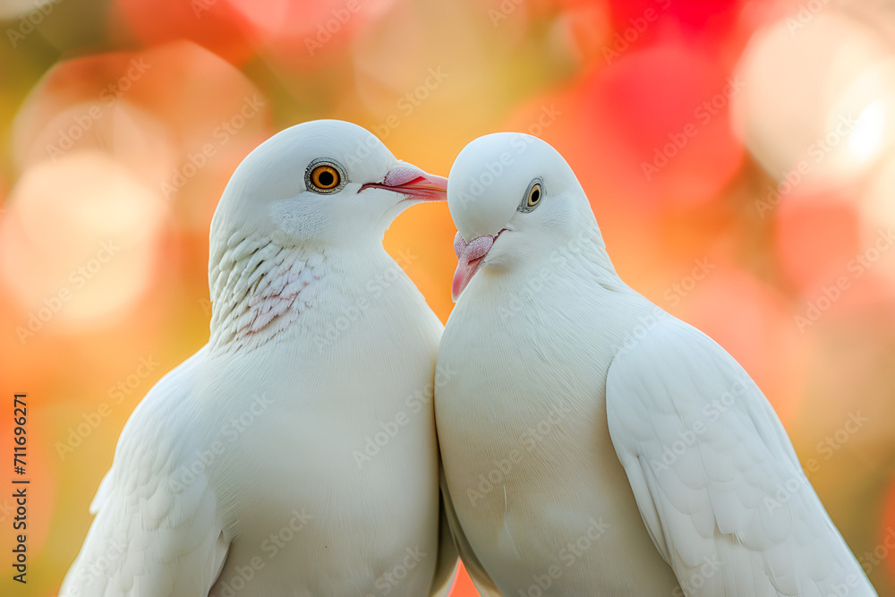 Two cute white doves fell in love