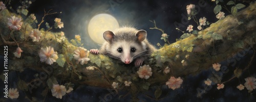 Opossum in forest with flowers in moonlight night banner