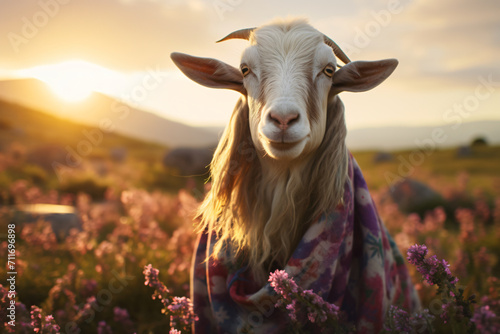 goat with flower shawl photo