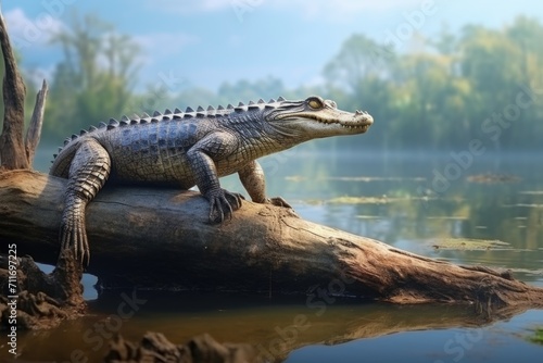 Young crocodile on stick in Sri Lanka river. © darshika