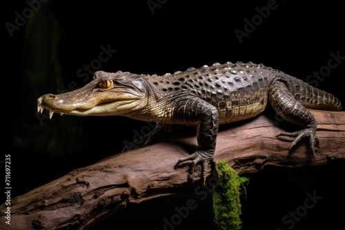 Young crocodile on stick in Sri Lanka river.