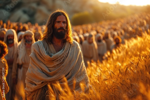 Jesus Christ travels around Jerusalem with his followers, preaching to a crowd of followers