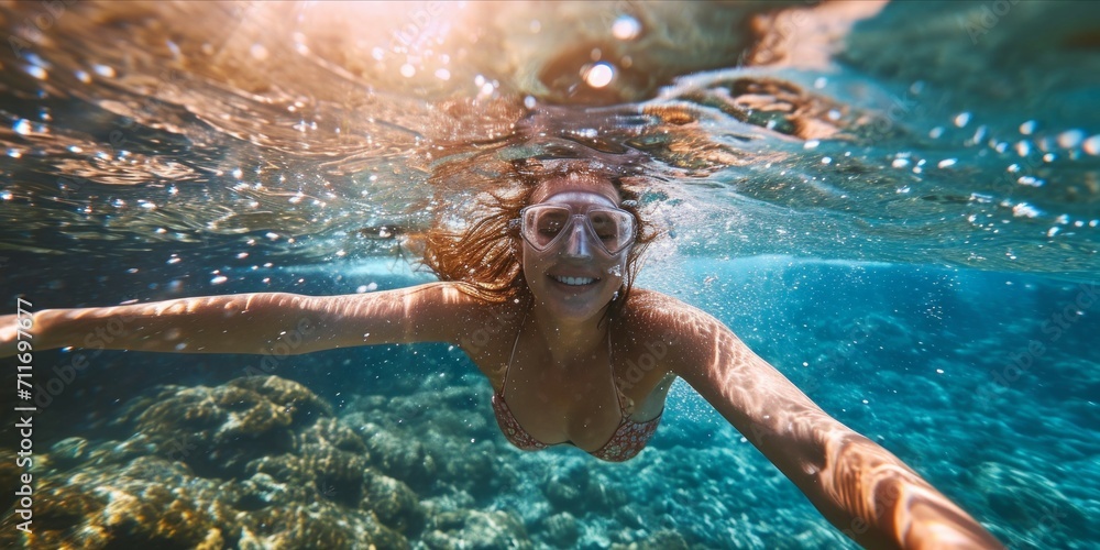 Young woman in snorkeling mask swimming underwater in tropical sea - obrazy, fototapety, plakaty 
