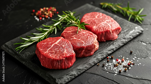 Three succulent raw steaks adorned with rosemary, pepper, and salt on a dark slate background. Perfect for recipes, restaurants, and gourmet presentations.