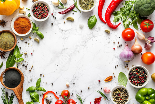 Fresh vegetables and spices on a white marble surface: red chili peppers, tomatoes, garlic cloves, basil leaves, and colorful spices in small bowls. View from above, copy space in the centre.