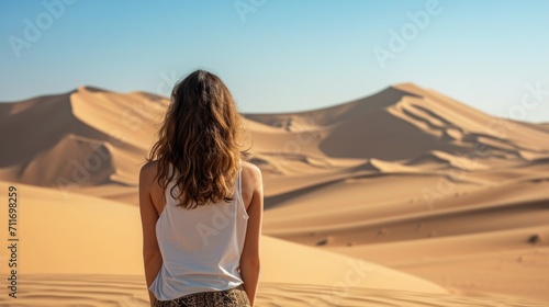 Woman from behind, looking at a vast desert landscape generative ai